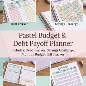 The image is a collage of four different budgeting and financial planning tools, including a Debt Tracker, Savings Challenge, Monthly Budget, and Bill Tracker.