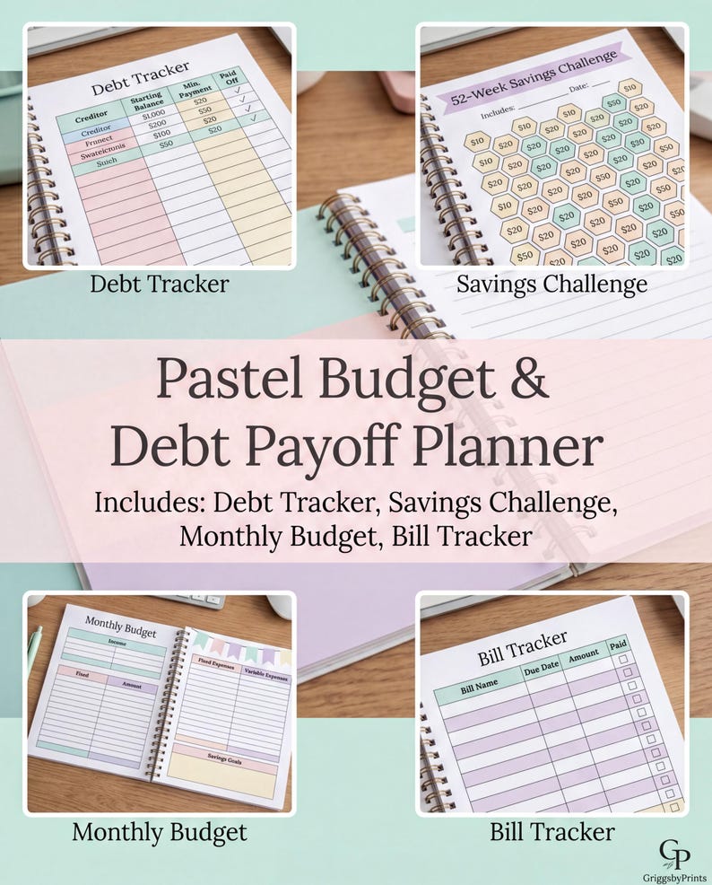 The image is a collage of four different budgeting and financial planning tools, including a Debt Tracker, Savings Challenge, Monthly Budget, and Bill Tracker.