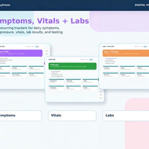 The image is a digital planner that displays three different sections: Symptoms, Vitals, and Labs. The symptoms section includes a list of symptoms and their corresponding vitamins, while the vitamins section has a list of vitamins and their corresponding labs. The Labs section is a list of labs and their corresponding vitamins. The layout of the planner is organized with distinct sections for each category, making it easy to navigate and find the relevant information.