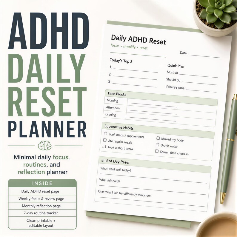 The image is a printed page with a daily ADHD reset plan, featuring a green pen and a potted plant on a desk.