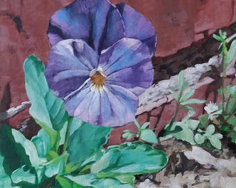 Purple City Flower - Viola and Brick Wall - Original Painting on canvas - 16" x 20"