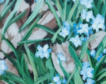 Blue Flowers and Grass - 6" x 6" original painting