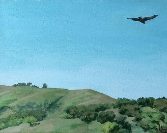 Eagle and Blue Sky with Green Landscape - 8 x 10" Original painting on canvas