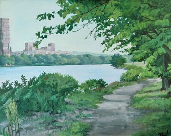 Charles River Nature Walk - Green Trees and River Path with Buildings - Original painting on canvas