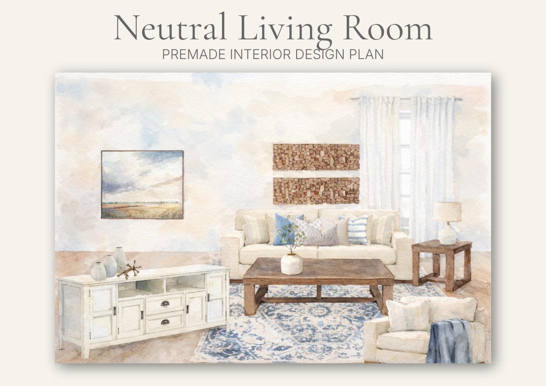Neutral Living Room Design Plan | Digital Interior Design Guide (PDF ...