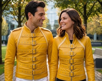 Freddie Mercury Yellow Leather Jacket for Men & Women,Unisex Vintage Rock Star Concert Costume,Retro Bomber Moto Jacket,Queen Concert Jacket
