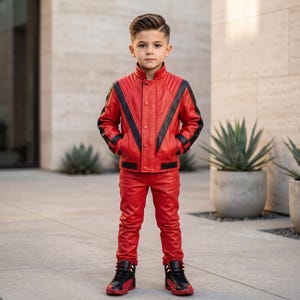 Puede incluir: Una chaqueta de cuero roja con detalles negros en forma de V y pantalones de cuero rojos a juego. La chaqueta presenta un cuello alto, cierre de botones a presión y detalles acolchados en los hombros. Se combina con zapatillas altas.
