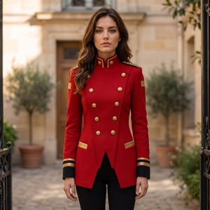 May include: A red military-style jacket featuring a high collar, double-breasted gold buttons, and black cuffs with gold trim. The jacket has a structured fit with gold accents on the shoulders and pockets, paired with simple black trousers.