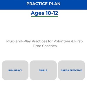 May include: A blue and white graphic with the text "THE COMPLETE 10-WEEK YOUTH TACKLE FOOTBALL PRACTICE PLAN". It also includes "Ages 10-12" and the phrases "RUN-HEAVY", "SIMPLE", and "SAFE & EFFECTIVE".