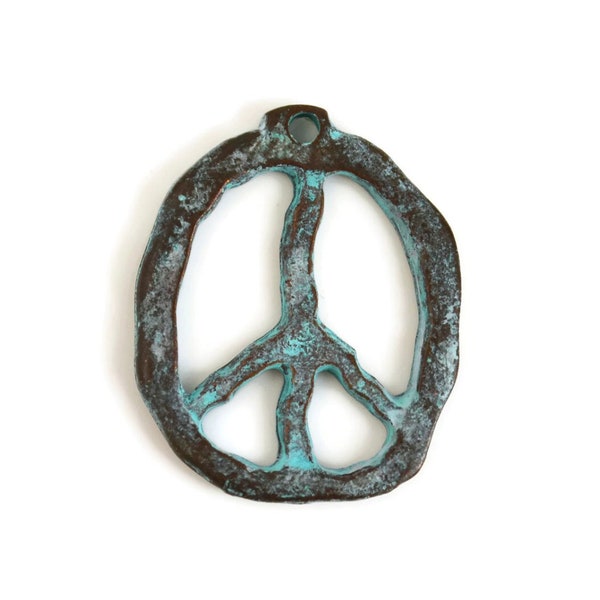 Peace Sign Pendant, Green Patina, 27mm x 33mm, 2.5mm Hole, Mykonos Greek Beads, Pkg of 1 or 4