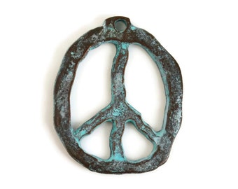 Peace Sign Pendant, Green Patina, 27mm x 33mm, 2.5mm Hole, Mykonos Greek Beads, Pkg 1 1