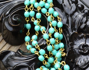 4mm Linked Bead Chain Rosary Style, 4mm Czech Turquoise Beads on Natural Brass Links, 3 Feet