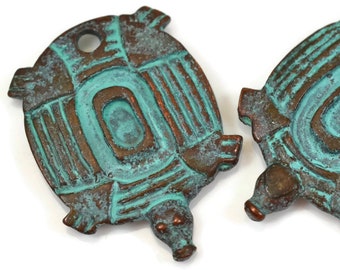 Tribal Turtle Pendant, 27mm Green Patina, Pkg 2