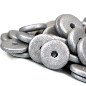 13mm Washer Round, Silver Earthy, Terracotta Clay Bead, 2.5mm Hole, Mykonos Beads, Pkg 18