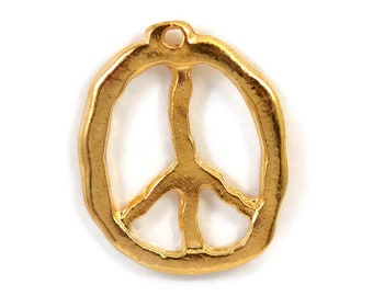 Peace Sign Pendant, 24 Karat Gold, 27mm x 33mm, 2.5mm Hole, Mykonos Beads,  Pkg 1