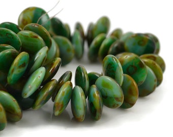 12mm Czech Lentil - Green Picasso - Top Hole Lentil - 50 Beads