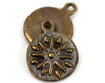 Sun Charm or Pendant, 15mm Antique Brass, Mykonos Beads, Pkg 4 or 12