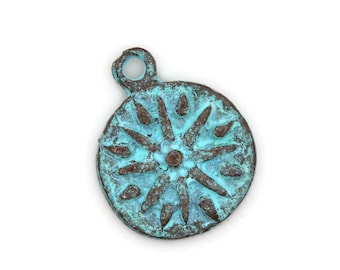 Sun Charm or Small Pendant, 15mm Green Patina, Mykonos Greek Beads, Pkg 4 or 12