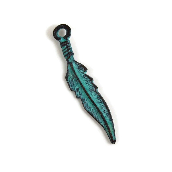 Small Feather - Green Patina - 5x27mm - Charm or Small Pendant - Mykonos Beads