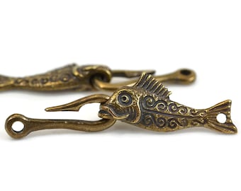 Fish and Hook Clasp, Antique Brass, Mykonos Beads, Pkg 2