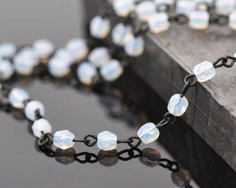 4mm Linked Bead Chain Rosary Style, 4mm Czech White Opal Glass Beads on Black Brass Links, 1 or 3 Feet