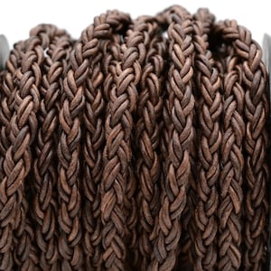 8mm Bolo Leather Cord, Natural Dark Brown, Matte Finish, Vegetable Tanned Braided Leather, By The Foot