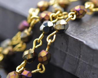 4mm Linked Bead Chain - Czech Iris Brown Beads on Gold Links - By The Foot