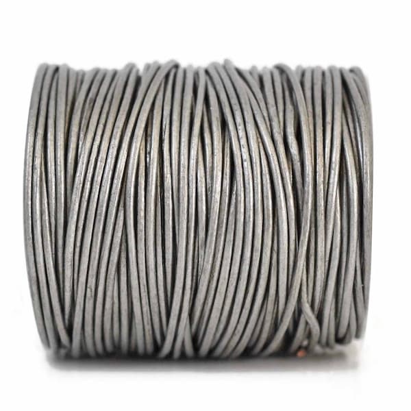 1mm Metallic Silver Grey Leather Cord Round, Subtle Sheen, Vegetable Tanned Cowhide Leather