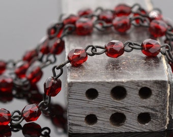 4mm Linked Bead Chain Rosary Style - 4mm Czech Garnet Beads on Black Brass Links - Qty: 3 Feet