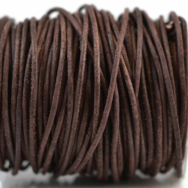 2mm Vintage Dark Brown Leather Cord Round, Vegetable Tanned Cowhide Leather, Rustic Matte Finish