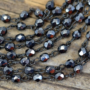 4mm Linked Bead Chain Rosary Style, 4mm Czech Hematite Glass Beads on Black Brass Links, 3 Feet