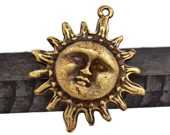 Sun Pendant, 42mm Antique Brass with 1.5mm Hole, Large Sun with Face Pendant, Mykonos Beads, Pkg 1