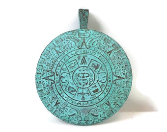 Mayan Calendar Pendant, 36mm Green Patina with 2.5mm Hole, Mykonos Greek Beads, Pkg 1