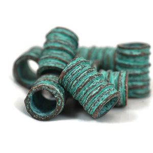 Large Hole Ridged Barrel, Green Patina, 16mm x 11mm with 7mm Hole, Mykonos Greek Beads, Pkg 4