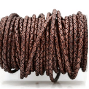 3mm Bolo Leather Cord, Natural Dark Antique Brown, Matte Finish, Vegetable Tanned Braided Leather, By The Yard