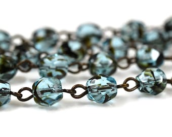 bronze wire 3ft Turquoise Teal Blue Crystal Rosary Chain 6mm matte fch0804a