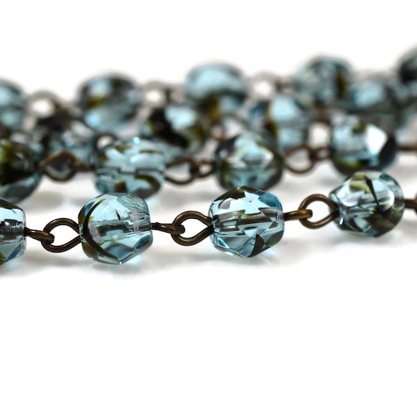 6mm Linked Bead Chain Rosary Style, 6mm Czech Blue Tortoise Glass Beads on Brass Ox Links, 1 or 3 Feet