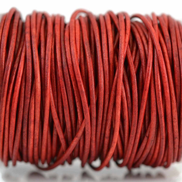 2mm Natural Red Leather Cord Round, Matte Finish, Vegetable Tanned Cowhide Leather