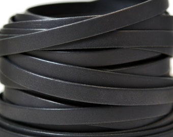10mm Flat Bruciato European Leather Cord, Black, 10mm x 2mm, Vegetable Tanned Cowhide Leather, By The Foot