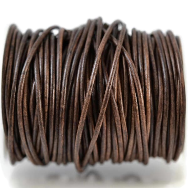 2mm Natural Dark Brown Leather Round Cord, Matte Finish, Vegetable Tanned Cowhide Leather