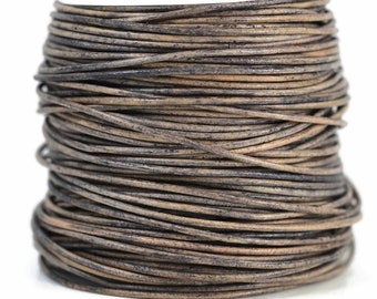 1.5mm Natural Grey Brown Leather Round Cord, Matte Finish, Vegetable Tanned Cowhide Leather