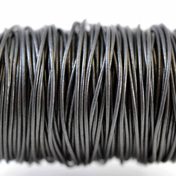 1.5mm Metallic Gunmetal Grey Leather Cord Round, Subtle Sheen, Vegetable Tanned Cowhide Leather