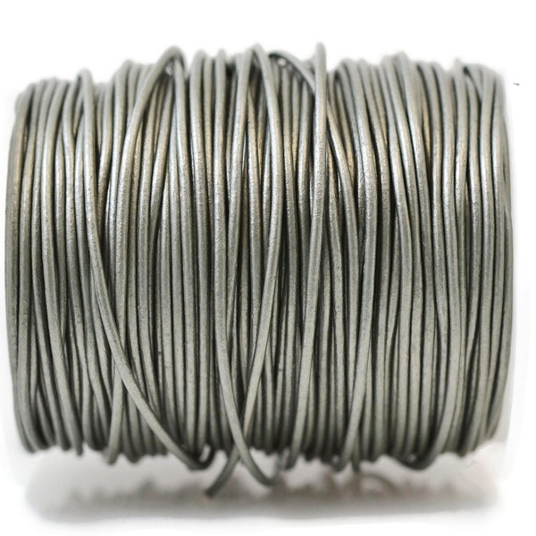 1.5mm Metallic Silver Grey Leather Cord Round, Subtle Sheen, Vegetable Tanned Cowhide Leather