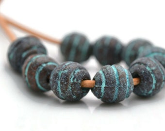 6mm Rustic Striped Ball Bead, Green Patina, Mykonos Greek Beads, Pkg 8