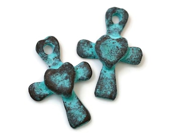 Cross with Heart Pendant or Charm, Green Patina, 14mm x 21mm, 1.5mm Hole, Mykonos Greek Beads, Pkg of 4