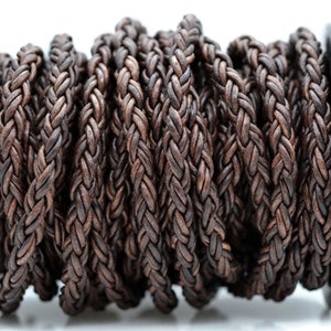 8mm Bolo Leather Cord, Natural Dark Antique Brown, Matte Finish, Vegetable Tanned Braided Leather, By The Foot