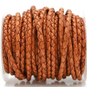 4mm Bolo Leather, Natural Rust Brown, Matte Finish, Braided Leather, By The Yard