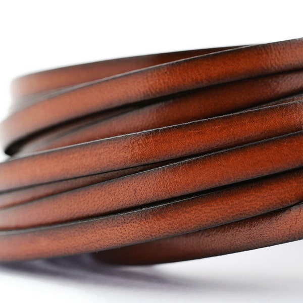 5mm Flat Italian Leather Cord, Chestnut Brown with Black Edges, 5mm Wide x 2mm Thick, Vegetable Tanned Cowhide Leather, By The Yard