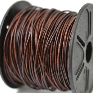 1mm Natural Antique Brown Leather Cord Round, Matte Finish, Vegetable Tanned Cowhide Leather