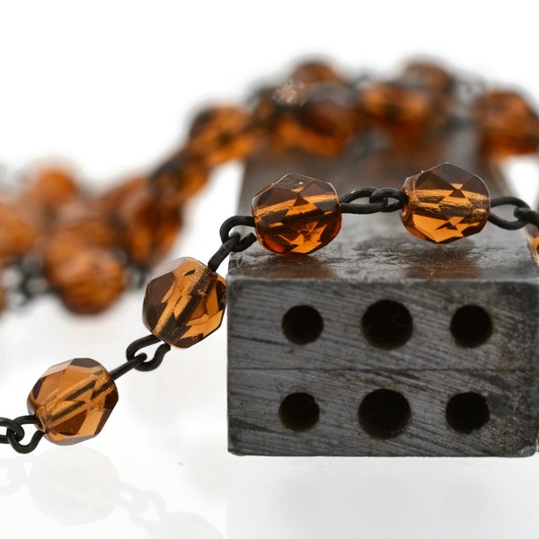 6mm Linked Bead Chain Rosary Style, 6mm Czech Smoke Topaz Beads on Black Brass Links, 1 or 3 Feet
